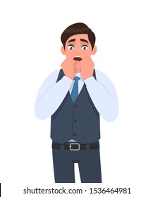 Shocked young businessman in waistcoat holding hands on face. Emotional man keeps both hands on cheeks. Male character design illustration. Human emotions and expressions concept in vector cartoon.