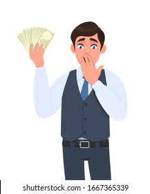 Shocked young businessman in waistcoat showing cash, money and covering hand on mouth. Scared person holding currency notes. Male character design illustration. Modern lifestyle in vector cartoon.