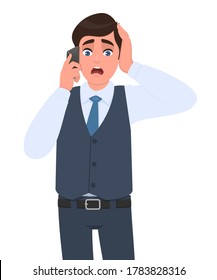 Shocked young businessman in waistcoat speaking on the phone and holding hand on head. Scared trendy person calling to mobile. Male talking over cellphone. Cartoon design illustration in vector style.