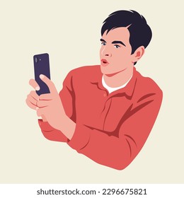 A shocked young man blogger takes pictures on his smartphone camera. Streaming video online. Photographer. Vector flat illustration