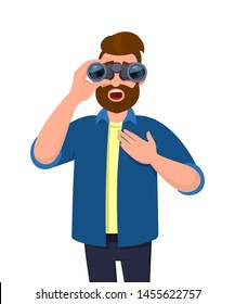 Shocked young man in casual wear looking through binoculars with opened mouth, holding hand on chest. Hipster male character is viewing from a binocular. Modern lifestyle, face expression in cartoon.