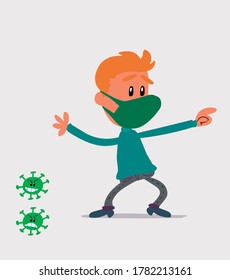 Shocked  young man dressed casually with mask and virus COVID pointing