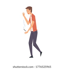 Shocked Young Man Dropping His Smartphone Down Cartoon Style Vector Illustration Isolated on White Background