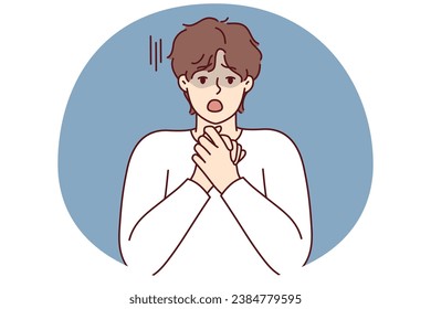 Shocked young man feel surprised and astonished with unbelievable news. Stunned male amazed by unexpected message or information. Vector illustration.