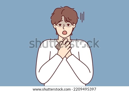 Shocked young man feel surprised and astonished with unbelievable news. Stunned male amazed by unexpected message or information. Vector illustration. 