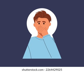 Shocked young man looking through the keyhole. Stunned guy peeps and covers his mouth with his hand. Colored flat vector illustration
