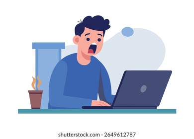 Shocked Young Man Reacting to Laptop Screen; Flat Design, Surprised Expression, Online Shock