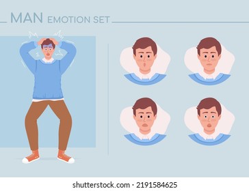 Shocked young man semi flat color character emotions set. Editable facial expressions. Confusion vector style illustration for motion graphic design and animation. Comfortaa font used