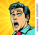 Shocked young man with wide open eyes and open mouth, vector illustration in retro pop art comic style