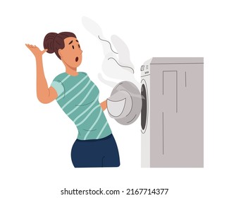 Shocked young woman with broken washing machine at home. Girl housewife waves her hand away from the smoke. Colored flat vector illustration isolated on white background