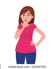 Shocked young woman closed mouth with hand while eyes open widely. Woman covering mouth with hand. Human emotion and body language concept illustration in vector cartoon flat style.