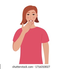 Shocked young woman closed mouth with hand while eyes open widely. Woman covering mouth with hand. Vector illustration in cartoon style.