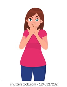 Shocked young woman covering mouth with both hands while eyes open widely. Woman covering mouth with hand. Human emotion and body language concept illustration in vector cartoon flat style.