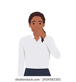 Shocked young woman covering mouth with both hands while eyes open widely. Woman covering mouth with hand. Human emotion and body language concept. Flat vector 