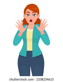 Shocked young woman facial expression. Terrified girl with fear emotion and stops gesture with hands, shouting in shock. Female character concept illustration. Model lifestyle in vector cartoon.