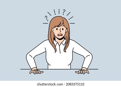 Shocked young woman feel stunned frightened by unbelievable news or message. Terrified female surprised amazed by bad negative accident. Shock and fear. Frustration. Vector illustration.