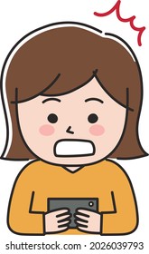 Shocked young woman looking at her mobile phone. Vector illustration isolated on white background.