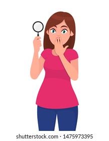 shocked young woman showing magnifying glass and covering mouth with hand. Female character design illustration. Human emotions, facial expressions, feelings concept in vector cartoon.