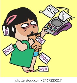Shocked Young Woman Spending Too Much While Checking Over The Receipt From An EDC Machine Concept Card Character illustration