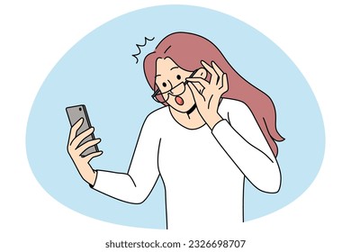 Shocked young woman take off glasses look at cellphone screen shocked by unexpected news online. Amazed girl surprised with message or text on smartphone. Flat vector illustration.