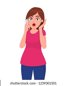 Shocked Young Woman Talking On The 
Smart Phone Or Mobile Phone Scared In Shock With A Surprise Face. Amazed Frowning Female Calling. Human Emotions And Concept Illustration In Cartoon Flat Style.