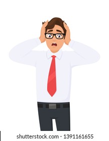 Shocked/amazed young business man holding hands on head and keeping mouth open. Headache pain or stress. 
Human emotions, facial expressions, feelings concept illustration in vector cartoon style.