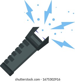  Shocker por protección. El pistón es un arma eléctrica. Seguridad personal. Elemento de seguridad. Dispositivo de trabajo. Ilustración plana de dibujos animados, flash azul