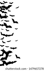 Shocking black bats group isolated on white vector Halloween background. Flying fox night creatures illustration. Silhouettes of flying bats vampire Halloween symbols on white.