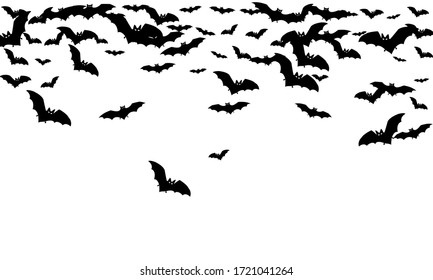 Impactante grupo de murciélagos negros aislados en fondo blanco vector Halloween. Ilustración de criaturas nocturnas de Flittermouse. Siluetas de murciélagos voladores tradicionales símbolos de Halloween sobre blanco.