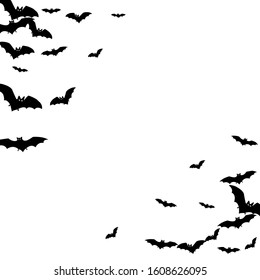 Shocking black bats swarm isolated on white vector Halloween background. Flittermouse night creatures illustration. Silhouettes of flying bats vampire Halloween symbols on white.