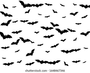 Shocking black bats swarm isolated on white vector Halloween background. Flying fox night creatures illustration. Silhouettes of flying bats vampire Halloween symbols on white.