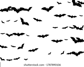 Shocking black bats swarm isolated on white vector Halloween background. Rearmouse night creatures illustration. Silhouettes of flying bats vampire Halloween symbols on white.