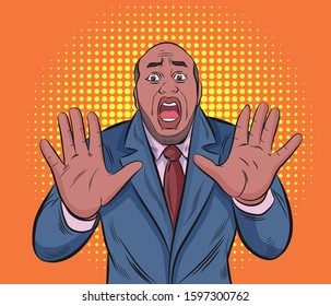 A shocking black business man.Pop art vector illustration drawing. Comic book work style.