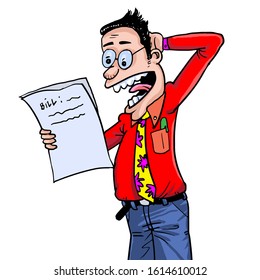 Shocking Businessman Checking company bills documents. Vector cartoon illustration
