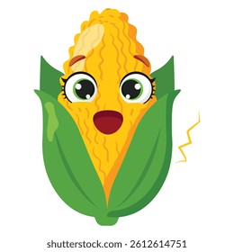 Shocking corn with an expressive face and green husk, great for educational materials, food related designs, and agricultural promotions