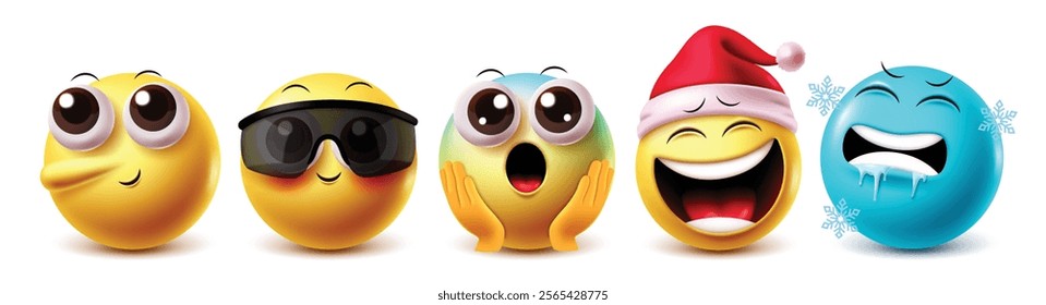 Shocking emoji vector characters set. Pinocchio and xmas santa clipart character with emojis facial expressions like cute, cool, surprise, laugh and cold yellow icon elements. Vector illustration 