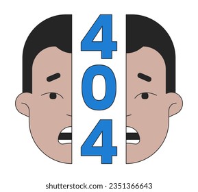 Shocking surprised split face error 404 flash message. Surrealism man. Mirror portrait. Empty state ui design. Page not found popup cartoon image. Vector flat illustration concept on white background