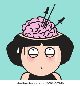 Shocking Woman Has Swords And Shovel Stuck In Brain Or Head Concept Card Character illustration