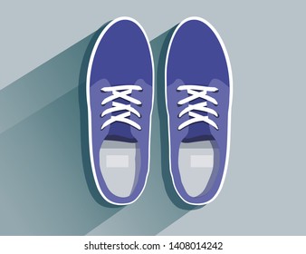 Shoe athletic. Sneaker sport. Fashion footwear. Concept vector lilac sneakers top view in flat style isolated on light gray blue background