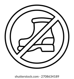 Icono de línea delgada de la prohibición del zapato, concepto de la bota. Gráficos de Vector. Prohibido, signo prohibido del artículo en el fondo blanco, icono del estilo del contorno para el móvil o el Diseño web