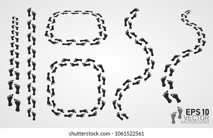 Shoe and bare foot print. Shoes imprints set. Foot trail.Footprint and human step, footwear and track, vector illustration