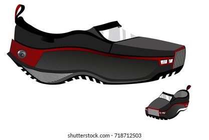 shoe black, gray and red for man with the appearance of a car