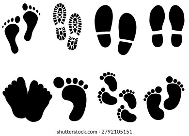 Shoe Boot Bare Foot Baby Footprint Silhouette Vector Icon Collection Set, isolated on white 