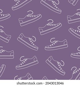 
Shoe, boot, footwear, canvas shoes outline seamless pattern. Background. Vintage. Fashion style low-top sneakers. lace-up shoe walking. Bootmaker, shoemaker, cobbler.Isolated flat vector illustration