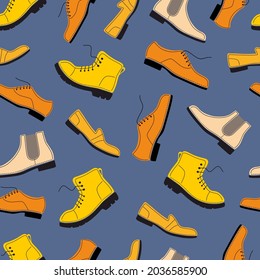 Shoe, boot, footwear color seamless pattern. Tailored handmade bespoke shoe, footwear. Shoe store. Bootmaker, shoemaker, cobbler. Shoes atelier, workshop. Shoemaking.Flat vector illustration. Isolated