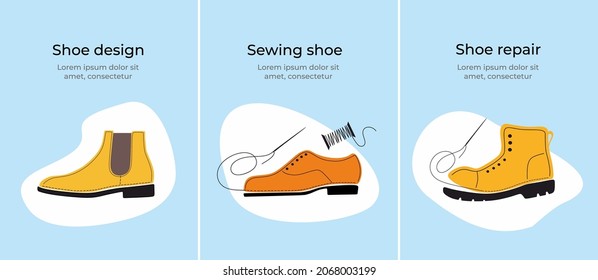 Shoe, boot, footwear. Sewing, repair shoes. Tailored handmade bespoke shoe, footwear. Shoemaking. Bootmaker, shoemaker, cobbler tools. Сustom shoe atelier, workshop. Flat vector illustration. Isolated