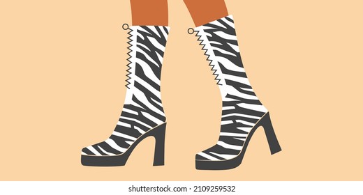 Shoe, boots, footwear. Woman, female, girls shoes.Glamour fashion style shoes with zebra print.Feet, legs walking in elegant women leather boots with heel.Colorful Isolated flat vector illustration
