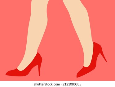 Shoe, boots, footwear. Woman, female, girls shoes. Сlassic shoes. Business woman style. Feet, legs walking in elegant closed toe high heel shoes pump. Colorful Isolated flat vector illustration 