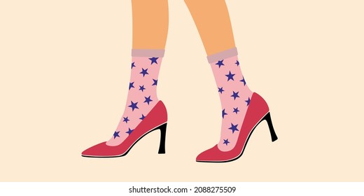 Shoe, boots, footwear. Women, female, girls shoes. Feet, legs walking in elegant closed toe high heel shoes pump and colored print socks. Fashion style shoe . Color Isolated flat vector illustration  