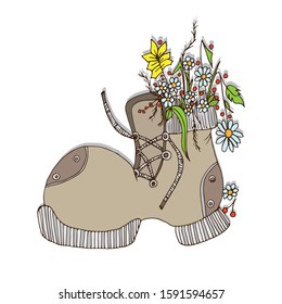 Shoe with a bouquet of flowers. Hand-drawn sketch. Old shoes, flower pot. Postcard cheerful. Doodle brightly colored, hand-drawn. Cartoony.